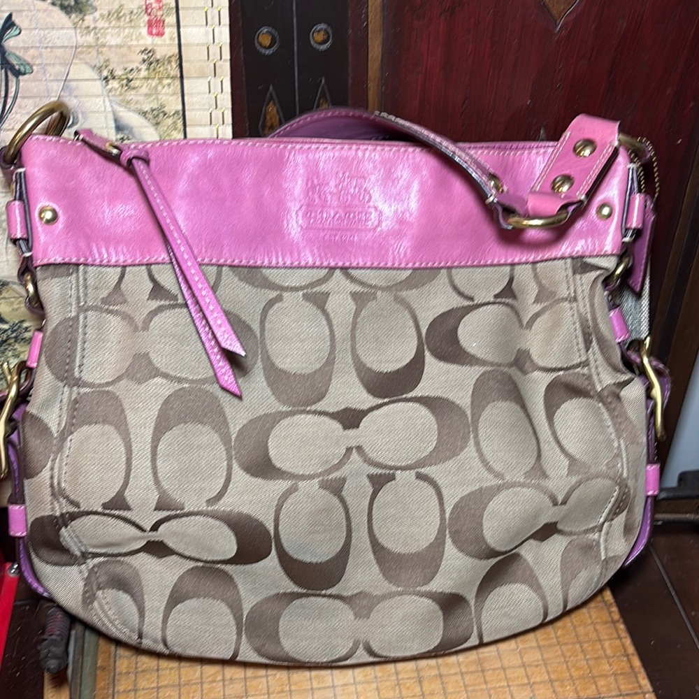 Coach Hobo Shoulder Bag Pink Leather Brown Monogram 12”Wx12”Hx5”W VGUC - Picture 17 of 17